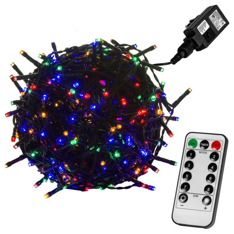 Vánoční LED osvětlení 10 m - barevná 100 LED + ovladač - zelený kabel