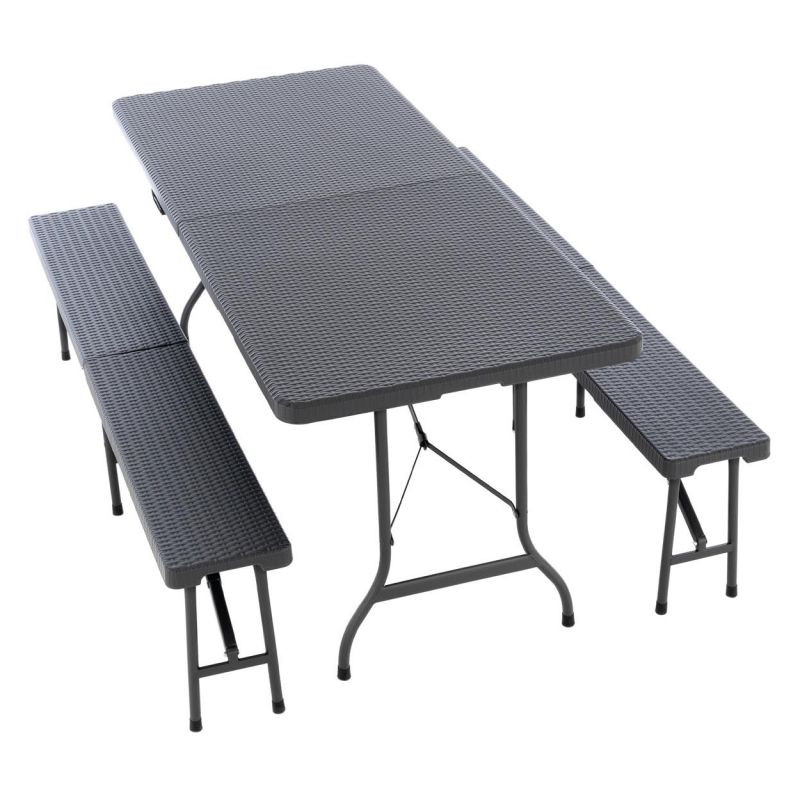 Zahradní set, 2 lavice a stůl v ratanovém designu - antracit