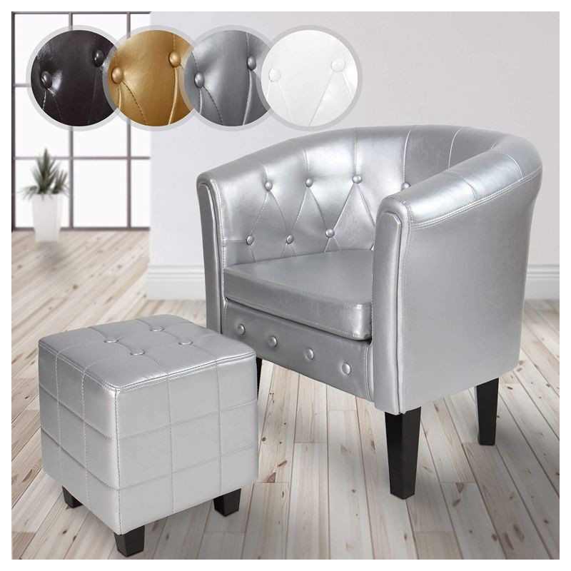 Klubové křeslo s taburetem Chesterfield, stříbrné