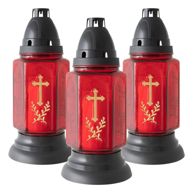 Skleněná lucerna na svíčku, červená, zlatý kříž, 22 cm, 3 ks
