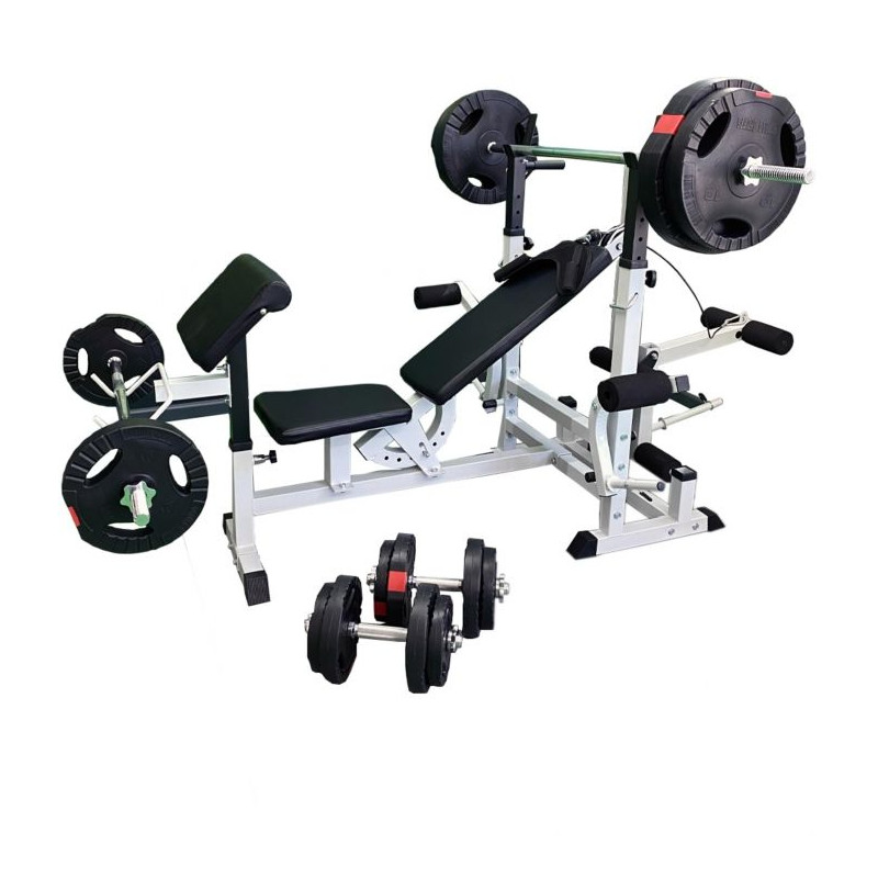 Gorilla Sports Sada posilovací lavice + nakládací set, bílá