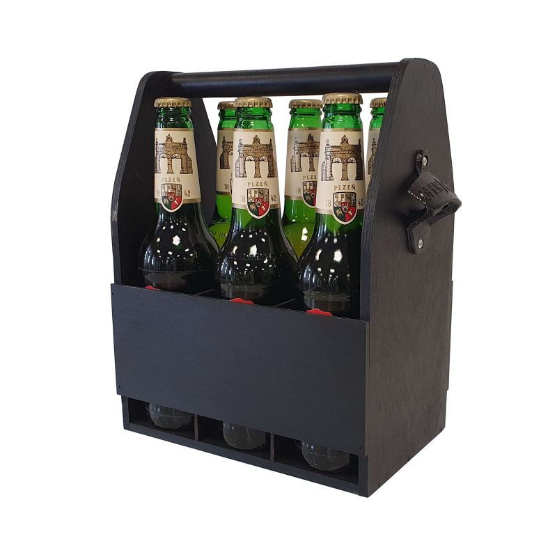 Dřevěný nosič na pivo s otvírákem, 23,5 x 30 x 15,5 cm