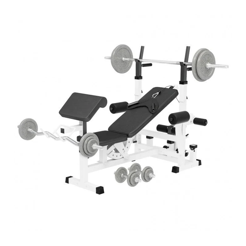 Gorilla Sports Posilovací lavice + litinový set činek, bílá